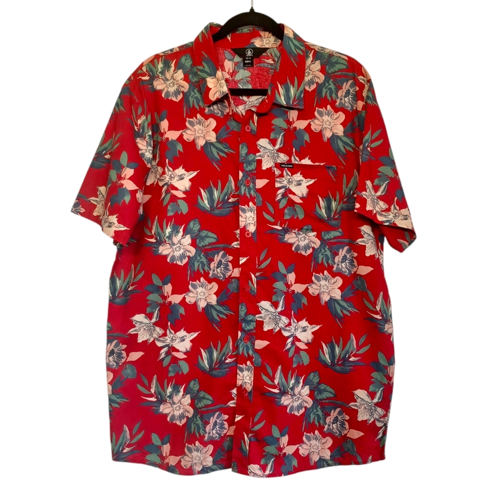 VOLCOM Tropical Colorful Blue Floral Print Red Short Sleeve Button Front Shirt
